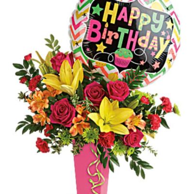 <div class="m-pdp-tabs-description">
<div id="mark-2" class="m-pdp-tabs-marketing-description">No birthday bash is complete without a surprise delivery of beautiful blooms! This festive bouquet of hot pink roses and sunny yellow lilies is topped with a fun Happy Birthday balloon for a gift they'll never forget.</div>
</div>
<p id="arrngDescp">This celebratory arrangement includes hot pink roses, yellow asiatic lilies, orange alstroemeria, red miniature carnations, green button spray chrysanthemums, huckleberry, and oregonia. Delivered in a raspberry tapered vase</p>